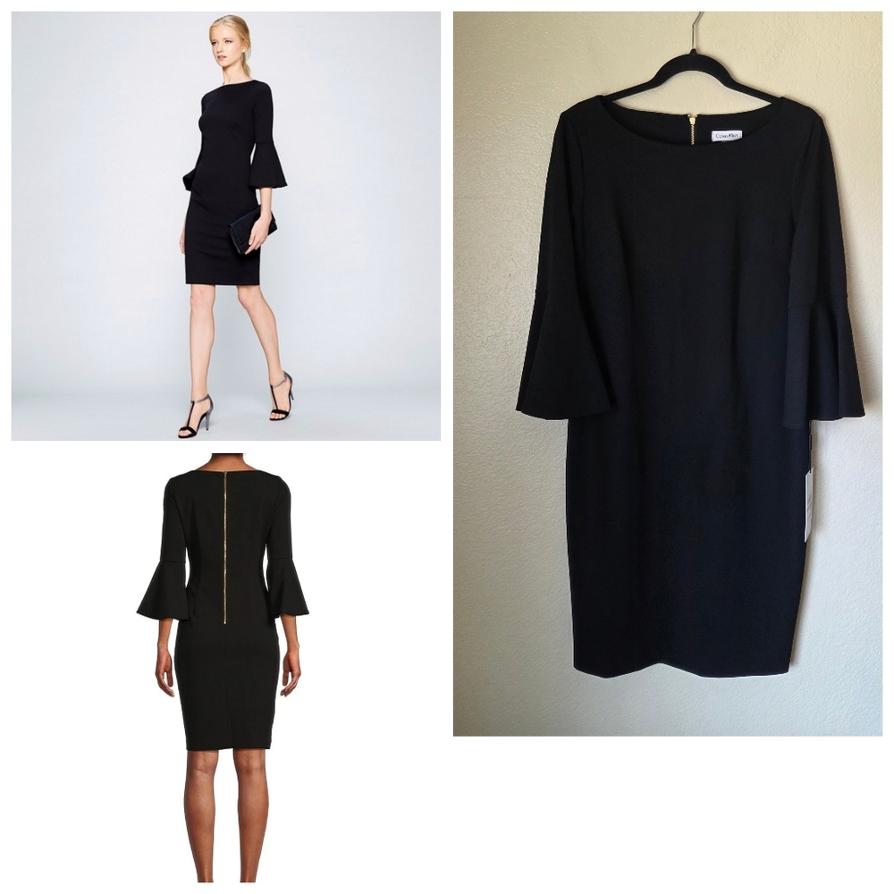 NWT Calvin Klein 3/4 Bell Sleeve Boat Neck Sheath Dress Size 12 Black